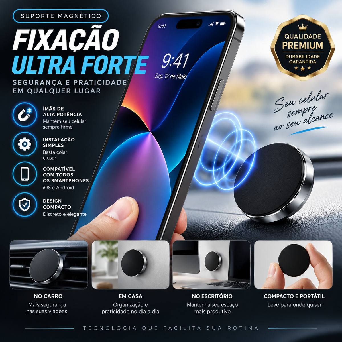 Suporte Magnético Universal para Telemóvel – Fixação Ultra Forte